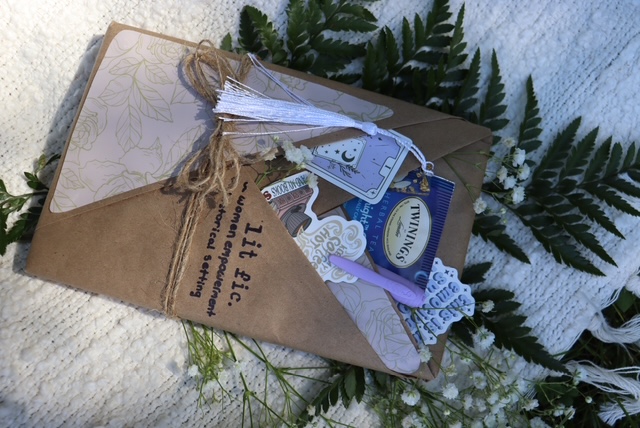 A wrapped book package with hints about the story inside